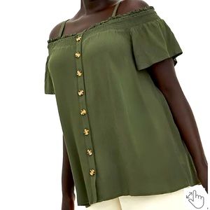 Torrid Smocked Cold-Shoulder Blouse Gauze Olive Green NWT